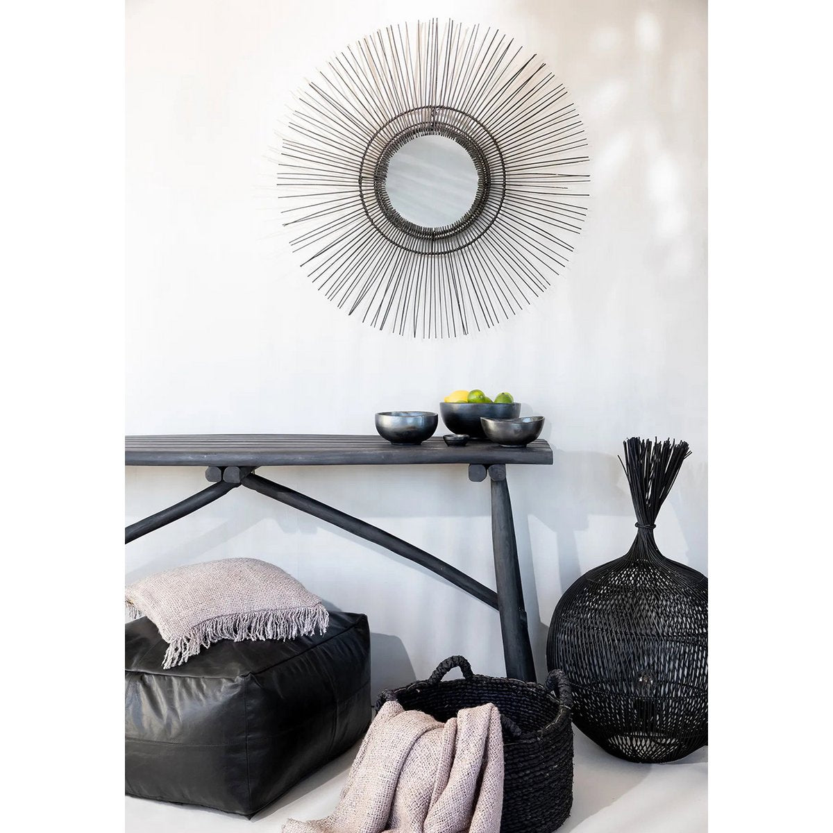 Wandspiegel rotan frame 60 cm zwart