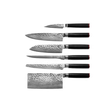 The Pakka Damascus Complete Set: 6 knives (Damascus Paring Knife 90 mm + Damascus Santoku 180 mm + Damascus Gyuto 200 mm + Damascus Fillet Knife 200 mm + Damascus Bread Knife 200 mm + Damascus Cleaver 190 mm)
