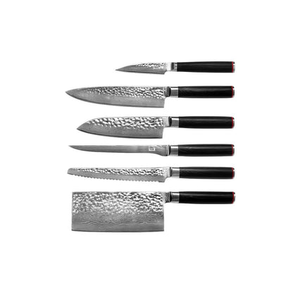 De Pakka Damascus Complete Set: 6 messen (Damascus officemes 90 mm + Damascus Santoku 180 mm + Damascus Gyuto 200 mm + Damascus Fileermes 200 mm + Damascus Broodmes 200 mm + Damascus Cleaver 190 mm)