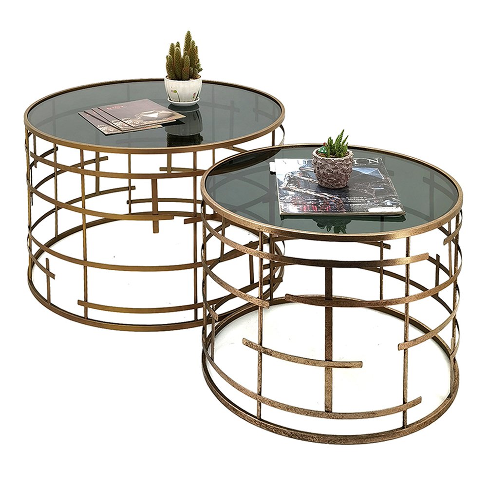 Bijzettafel set 2 stuks Ø75x50 / Ø60x46 cm glas metaal