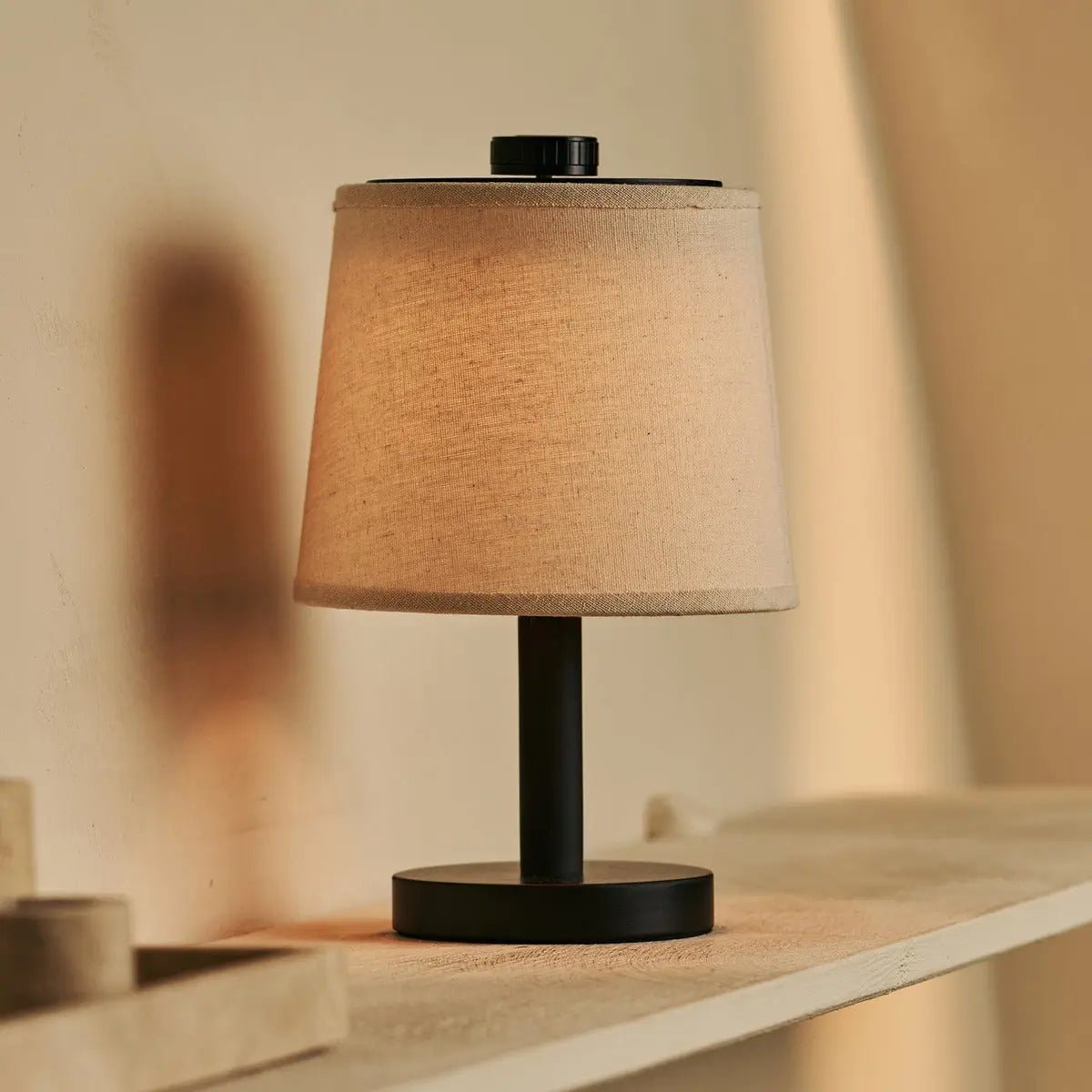 Tafellamp rubberwood katoen 14x30 cm dimbaar oplaadbaar