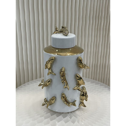 Voorraadpot 35x23 cm wit met gouden vissen