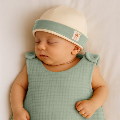 Newborn hat in white and green organic cotton