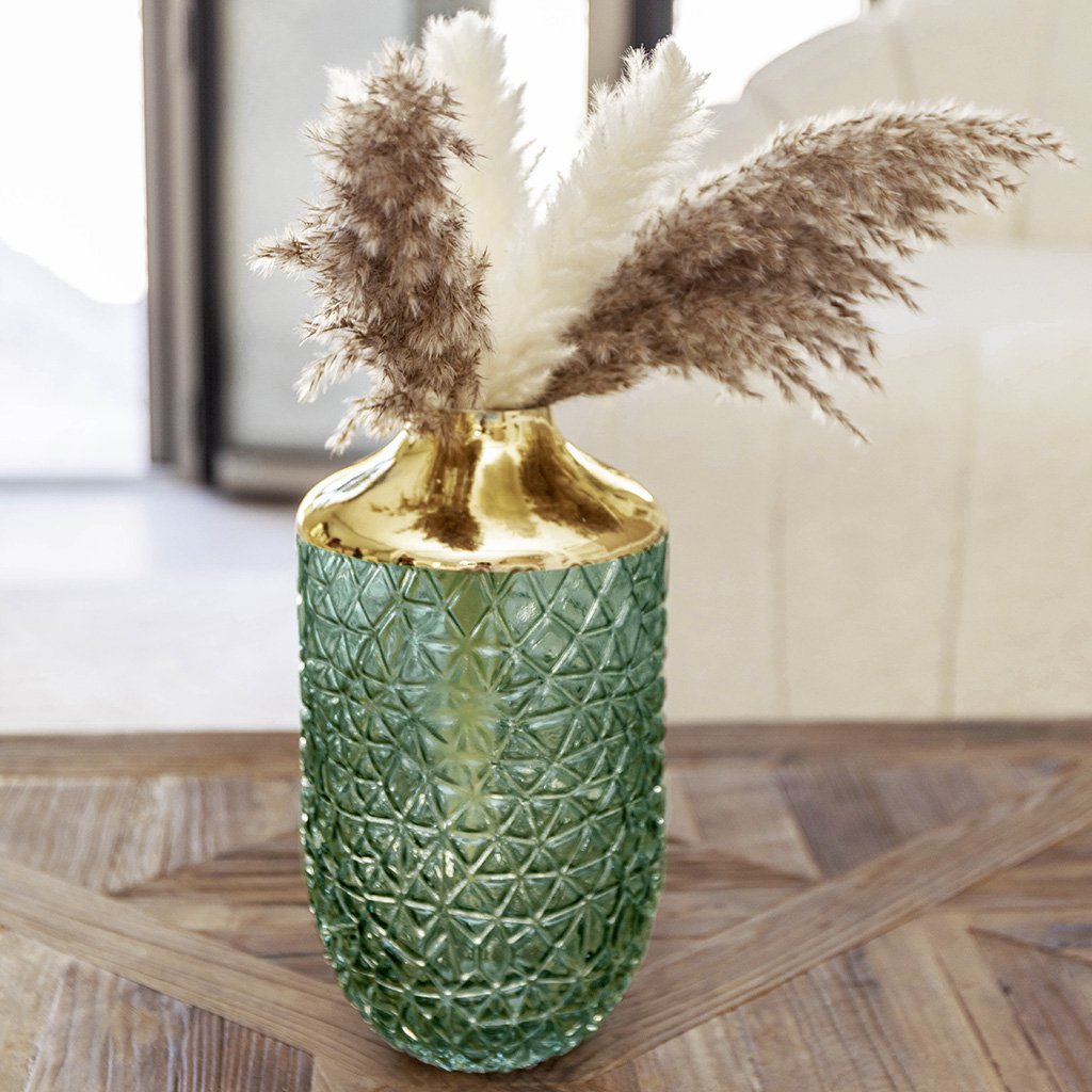 Vaas groen met gouden rand 16x29 cm glas