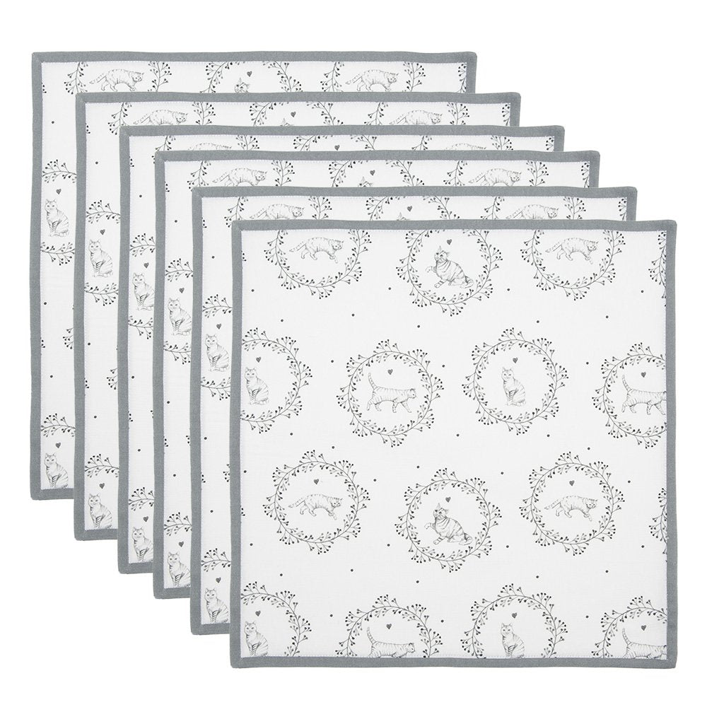 Servetten katoen set van 6 wit grijs kattenpatroon 40x40 cm