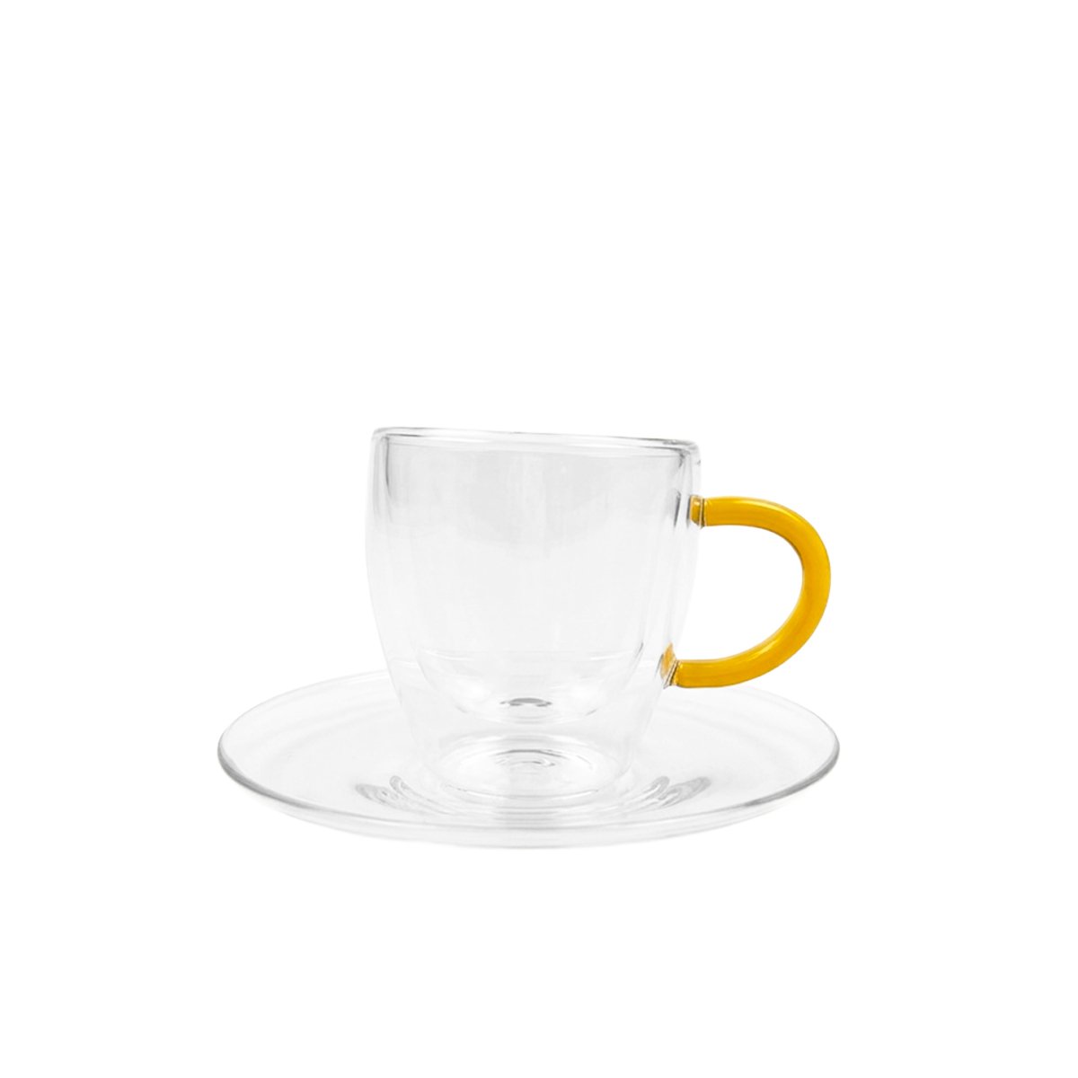 Espressokopjes dubbelwandig glas geel handvat 80 ml set van 2
