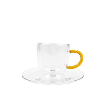 Espressokopjes dubbelwandig glas geel handvat 80 ml set van 2