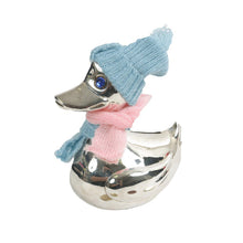 Spaarpot eend metaal blauw roze 12x8,5x13,5 cm