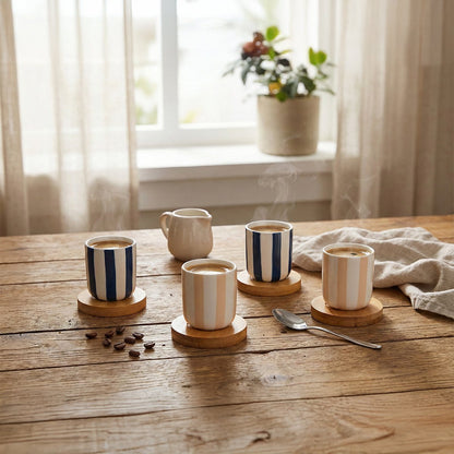 Koffiekopjes met houten schotels set van 4 veelkleurig 80ml