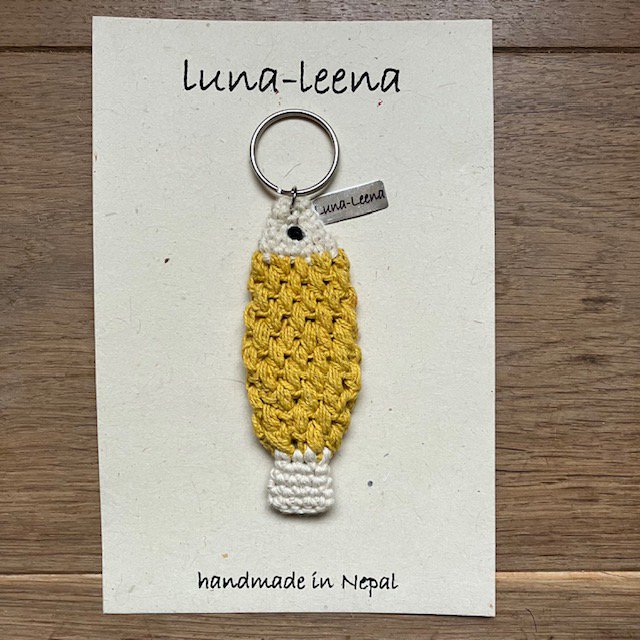 Sleutelhanger vis geel biologisch katoen 11x4 cm