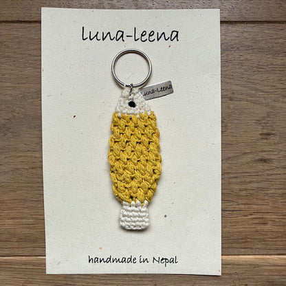 Sleutelhanger vis geel biologisch katoen 11x4 cm