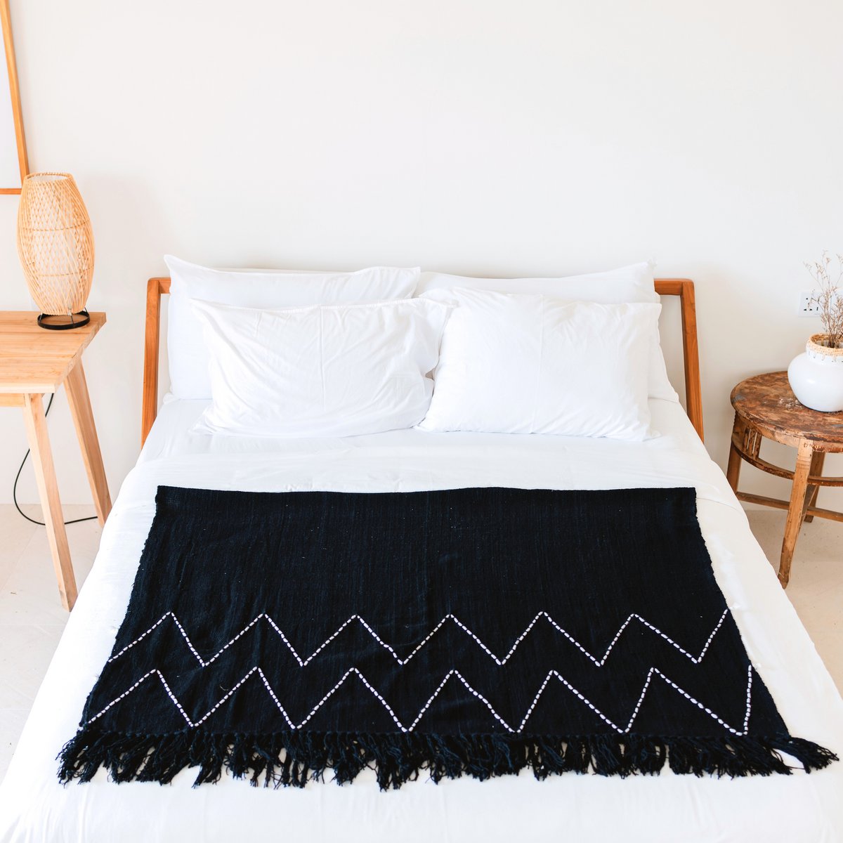 Zwarte Handgeweven Plaid Boho Sprei Franjes Zigzagpatroon