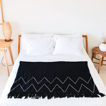Zwarte Handgeweven Plaid Boho Sprei Franjes Zigzagpatroon