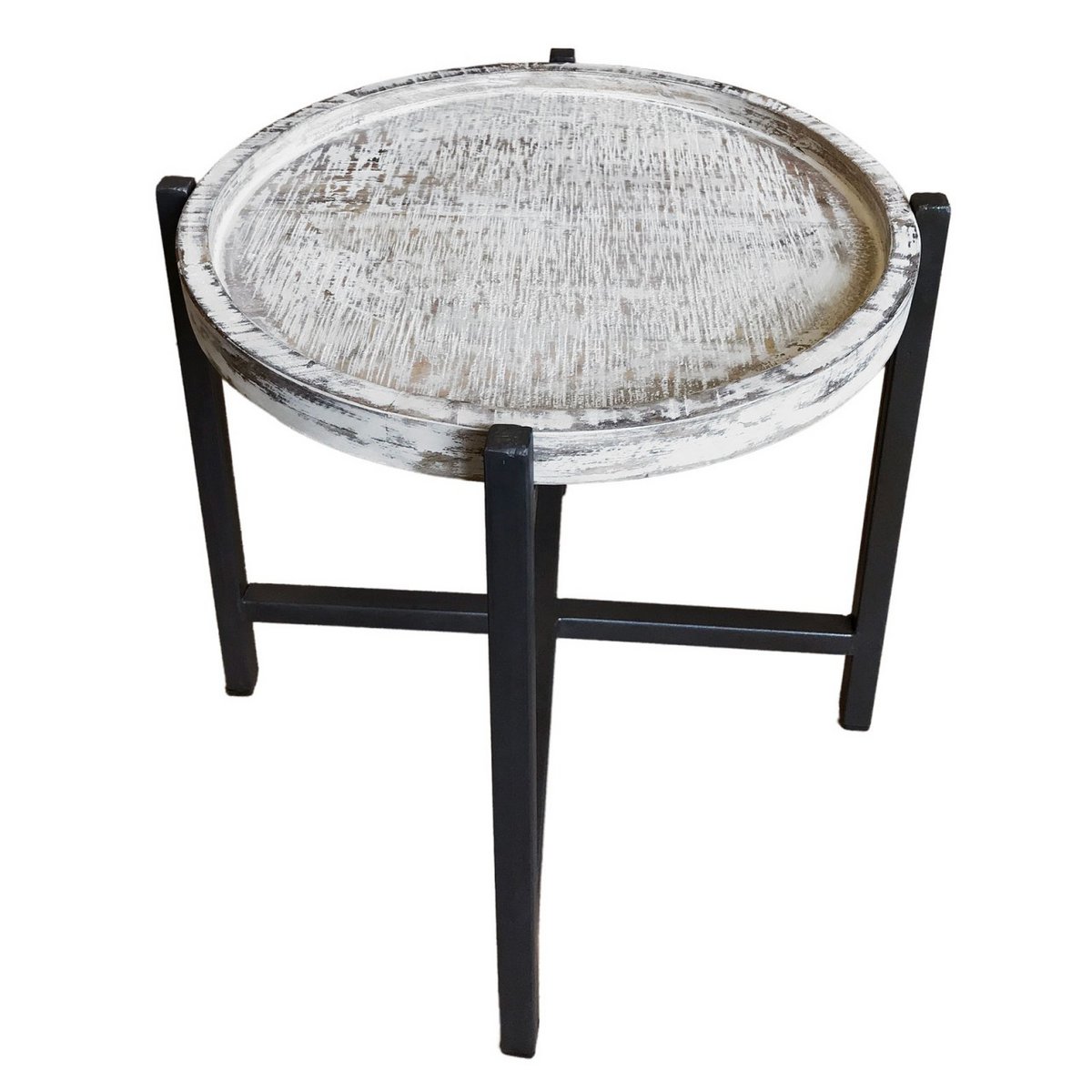 Ronde Bijzettafel Met Gerecycled Hout En Oud Zilver Frame
