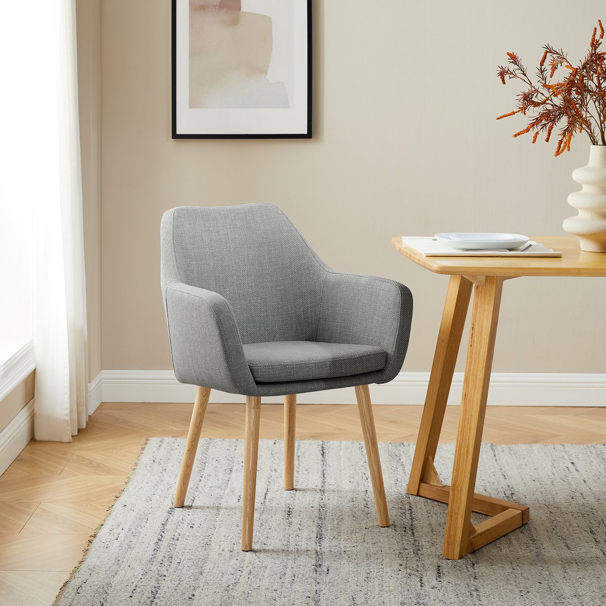 Fauteuil structuurstof lichtgrijs massief eikenhout