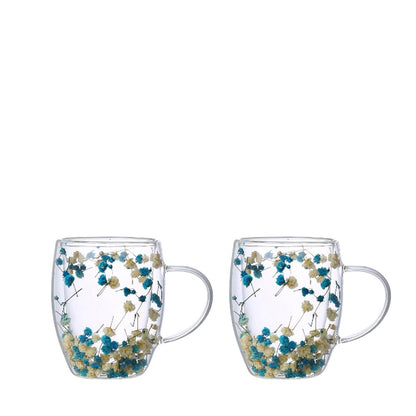 Theekopjes dubbelwandig 350 ml bloemenmotief set van 2