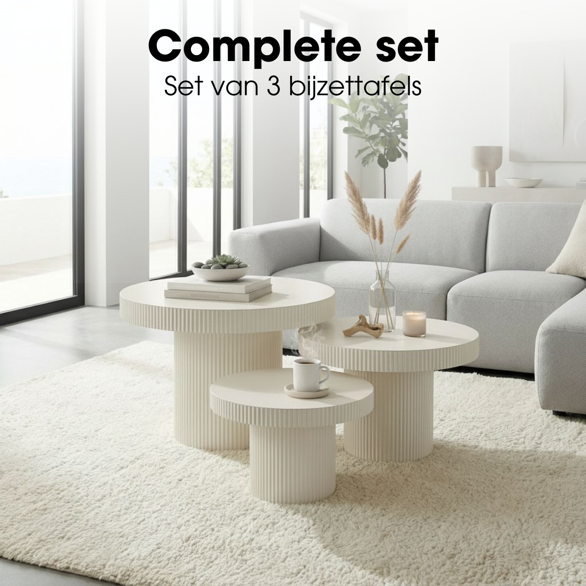 Bijzettafel set ijzer off-white rond