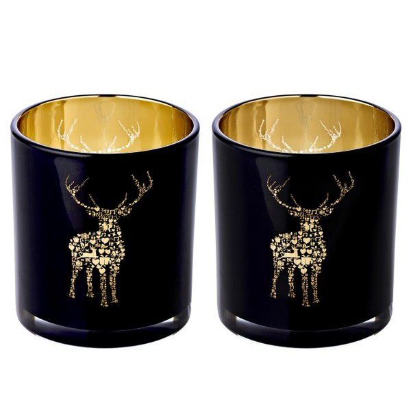 Theelichtjes 2 stuks zwart H 8 cm glas