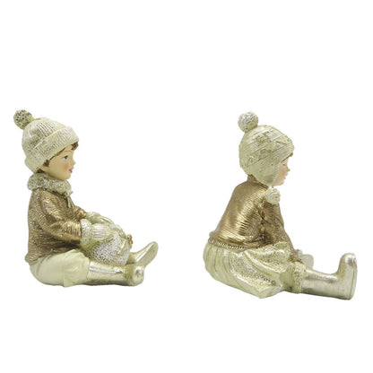 Figurine Set of 2 Children 9 cm Beige Gold-coloured Plastic