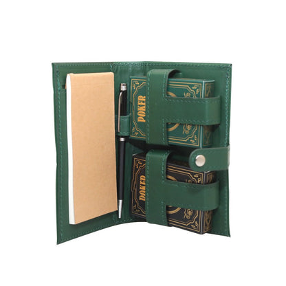 Pokerspel set 2 spellen met pen lakens imitatieleer groen 17x10.5x4 cm