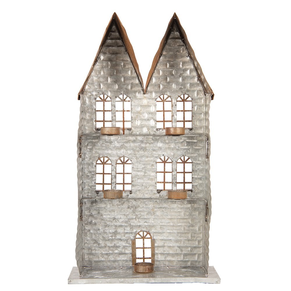 Waxinelichthouder huis 30x13x54 cm grijs metaal