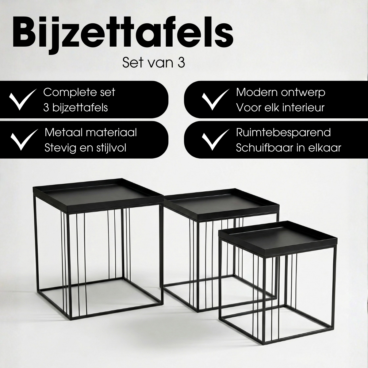 Bijzettafel set 3 stuks metaal zwart