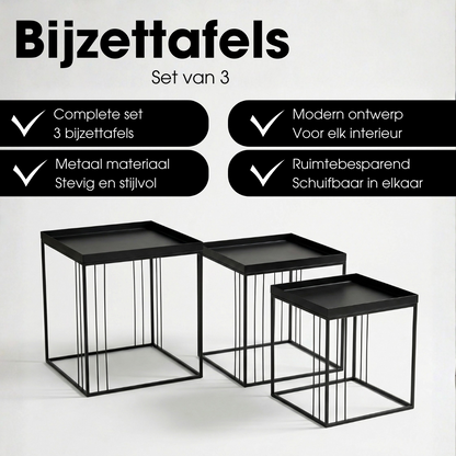 Bijzettafel set 3 stuks metaal zwart