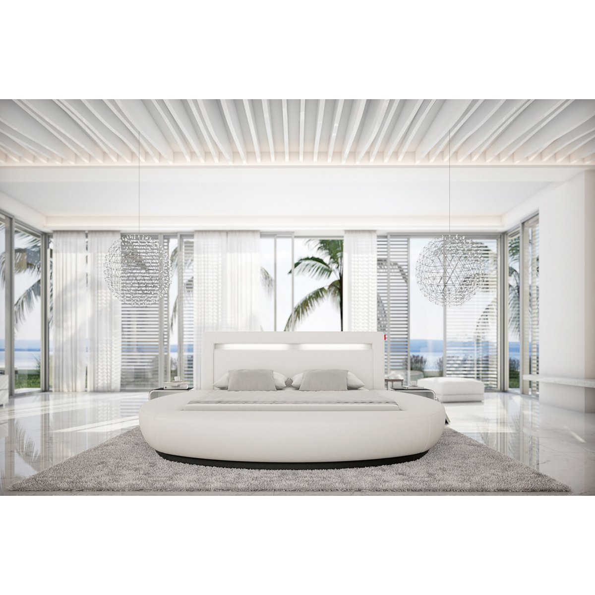 Rond bed 140x200 cm LED wit kunstleer