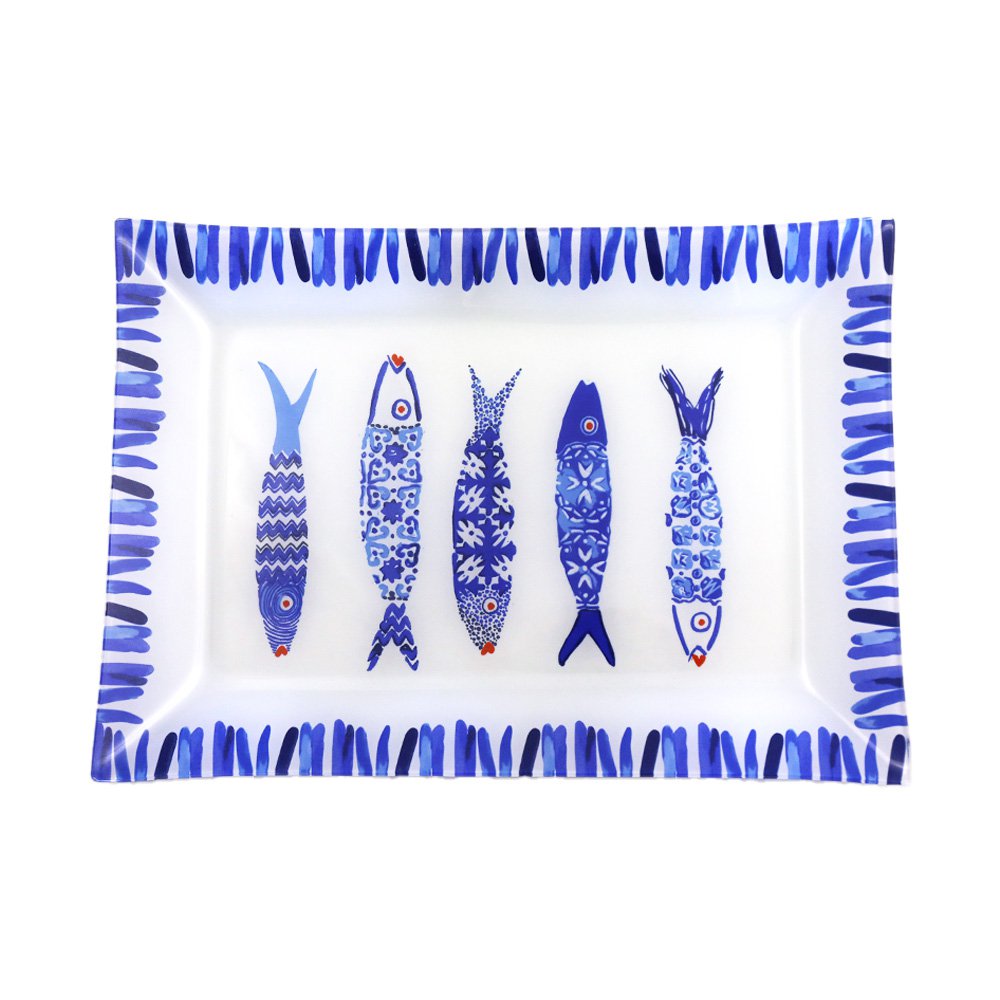Schotel 35x25x2,8 cm glas blauwe vissen