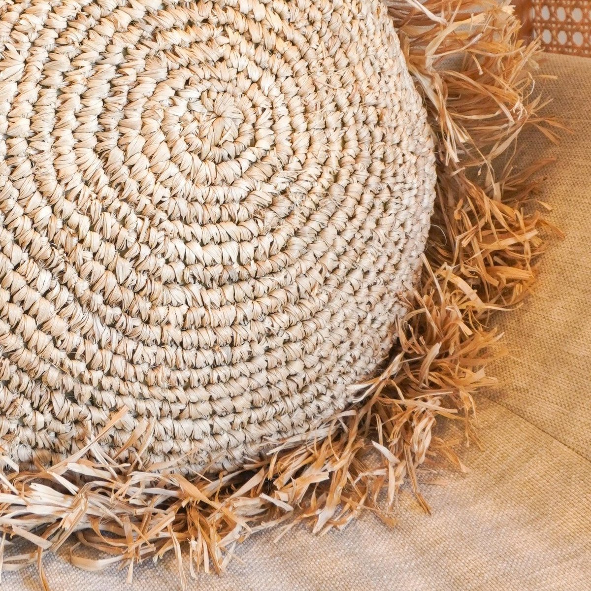 Rond Boho Kussen Met Franjes Doorsnede 40/50cm Raffia Beige