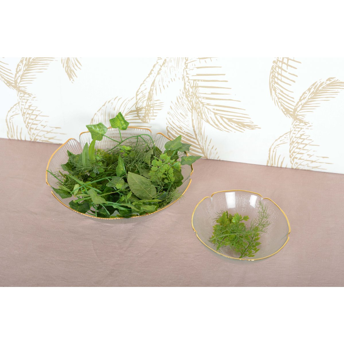 FLORAL GLASS SALAD BOWL WITH GOLD RIM 25CM