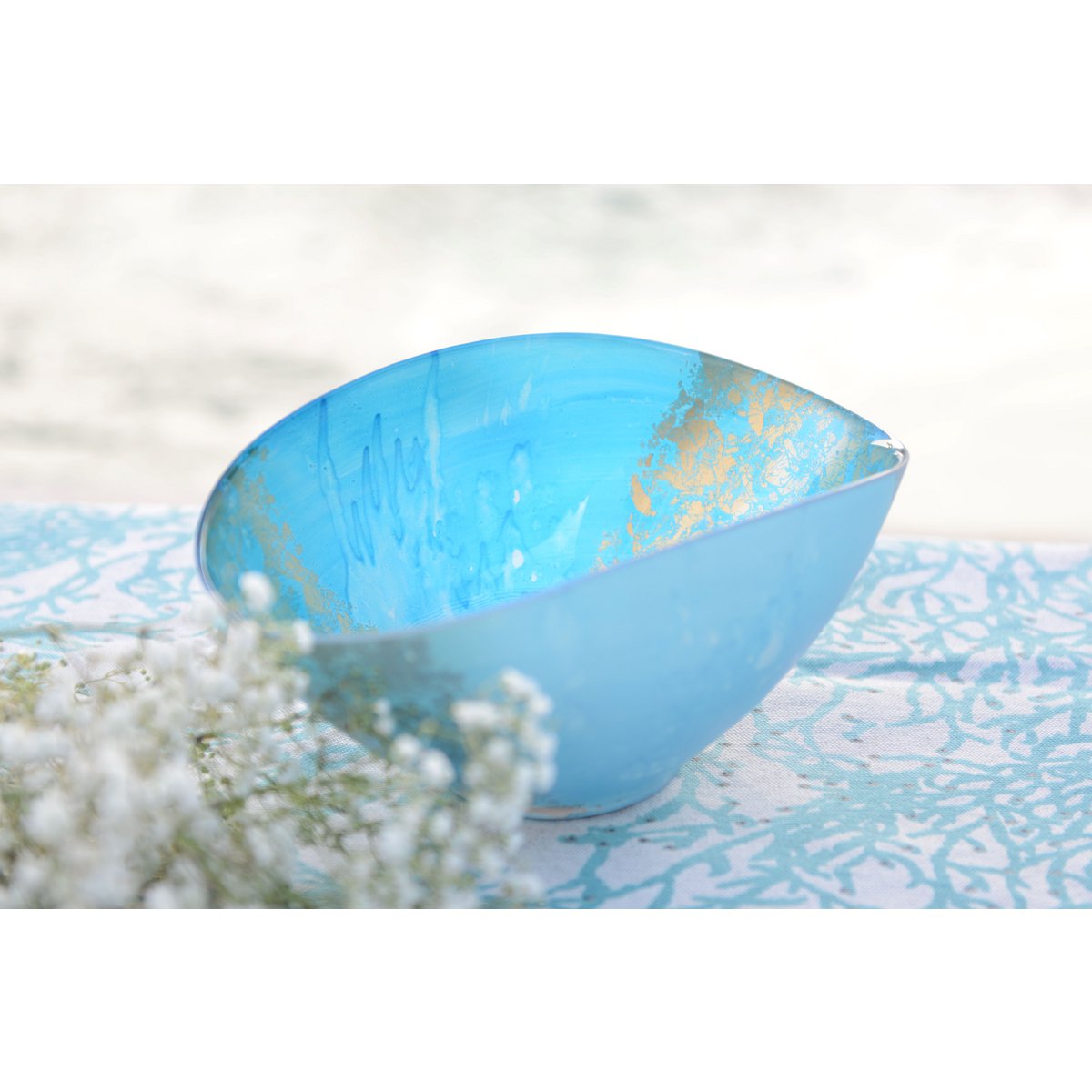 Glazen schaal 26.5x14.3x11.5 cm blauw goud