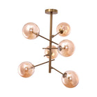 Hanglamp 6 bollen amber glas goudkleurig frame