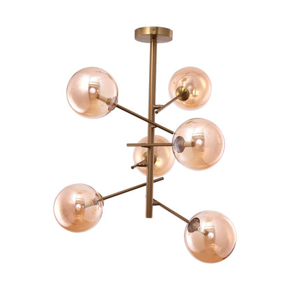 Pendant Light Ross Amber Six Glass Spheres With Gold-Colored Frame