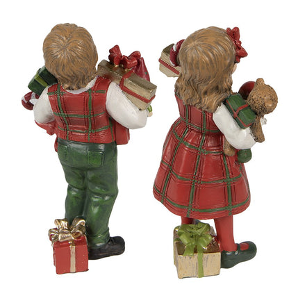 Kerstdecoratie beeldjes kinderen set van 2 rood groen 13 cm