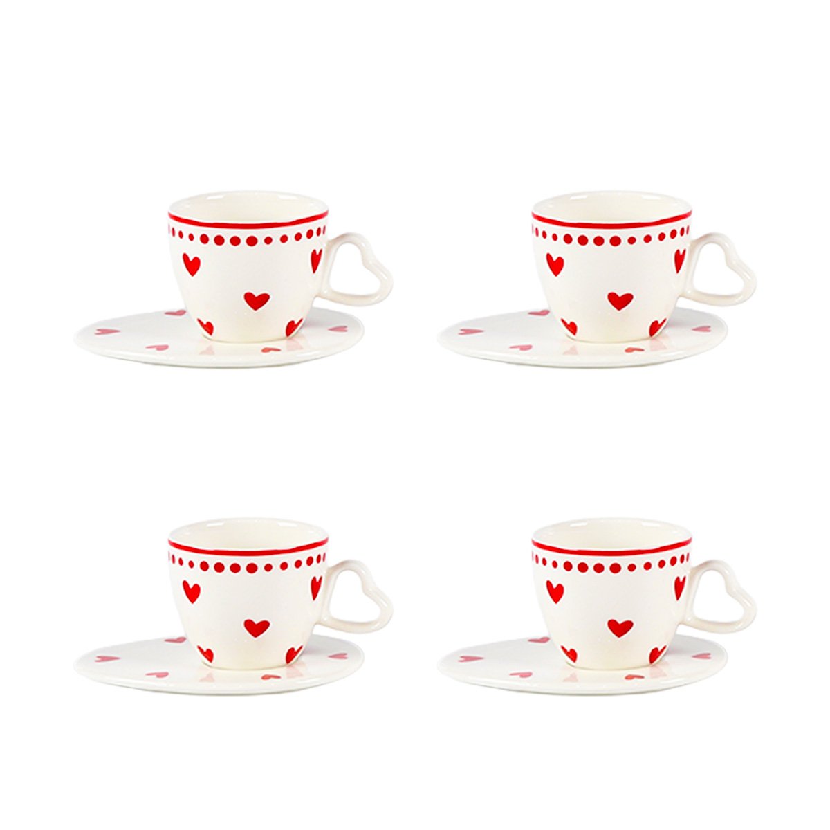 Heart-shaped coffee cups and saucers - set of 4