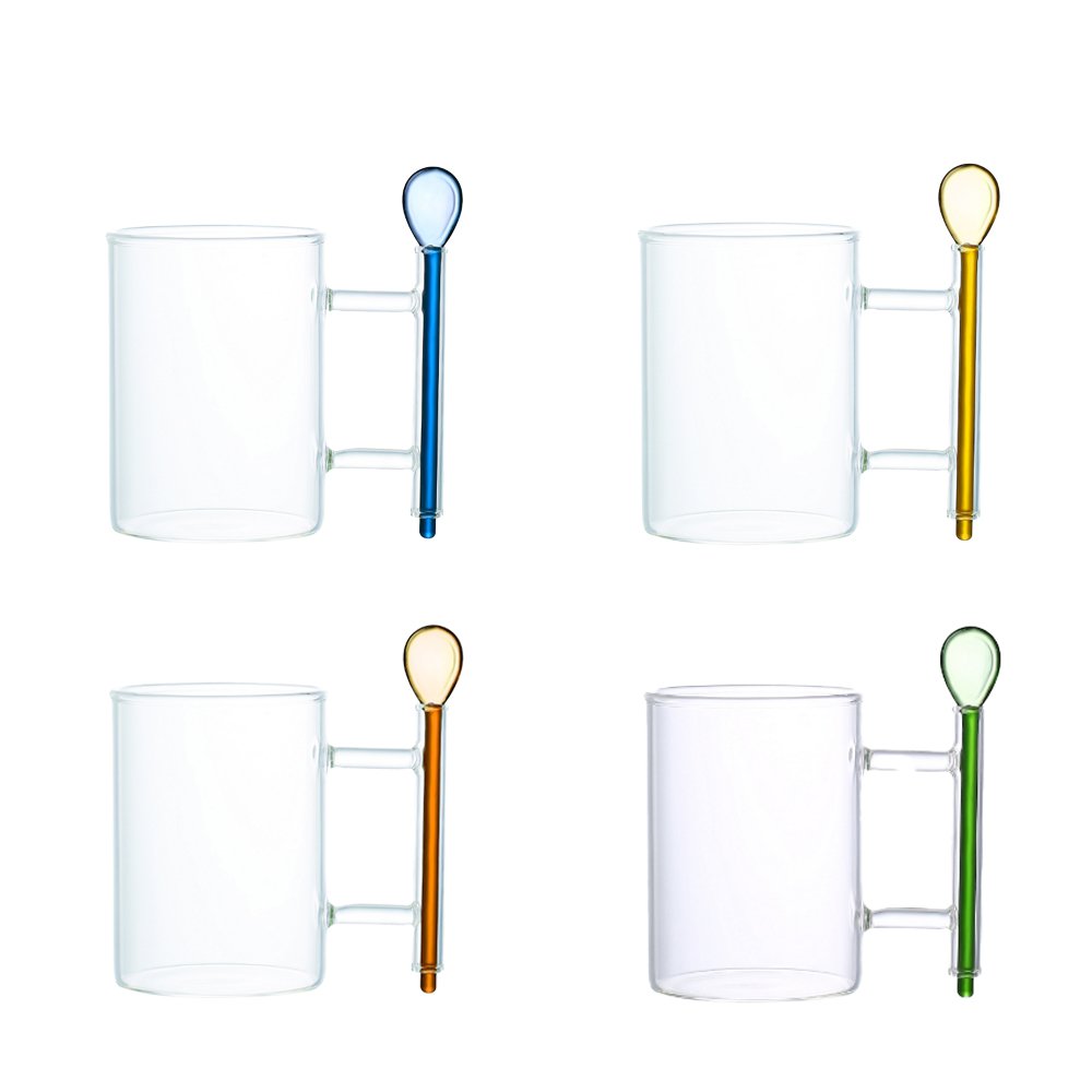 Theekopjes glas 400ml 4 stuks met gekleurde lepels