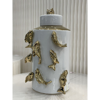 Voorraadpot 35x23 cm wit met gouden vissen