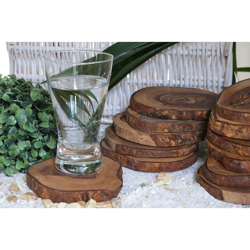 Onderzetters olijfhout rond set 6 stuks ca. 10-12 cm