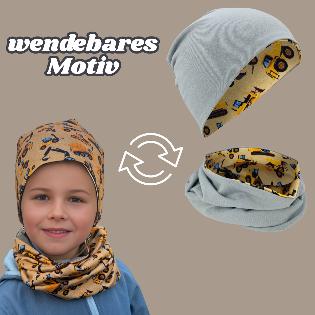 Kinder muts en loopset bouwvoertuigen fleece