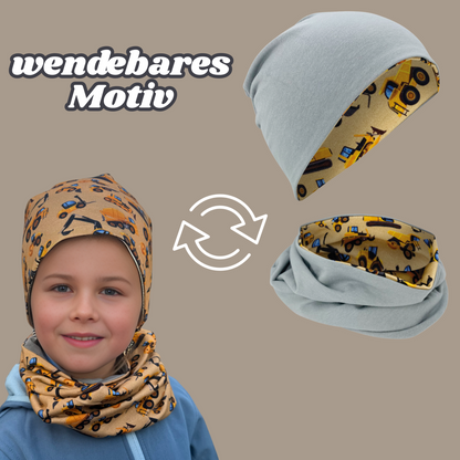 Kinder muts en loopset bouwvoertuigen fleece