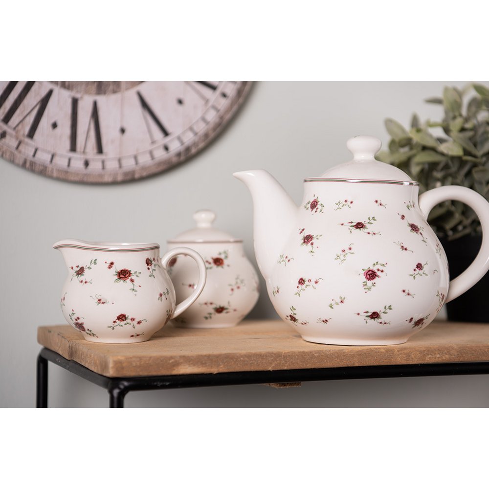Theepot 1200 ml keramiek beige rood bloemenmotief