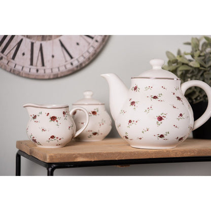 Theepot 1200 ml keramiek beige rood bloemenmotief