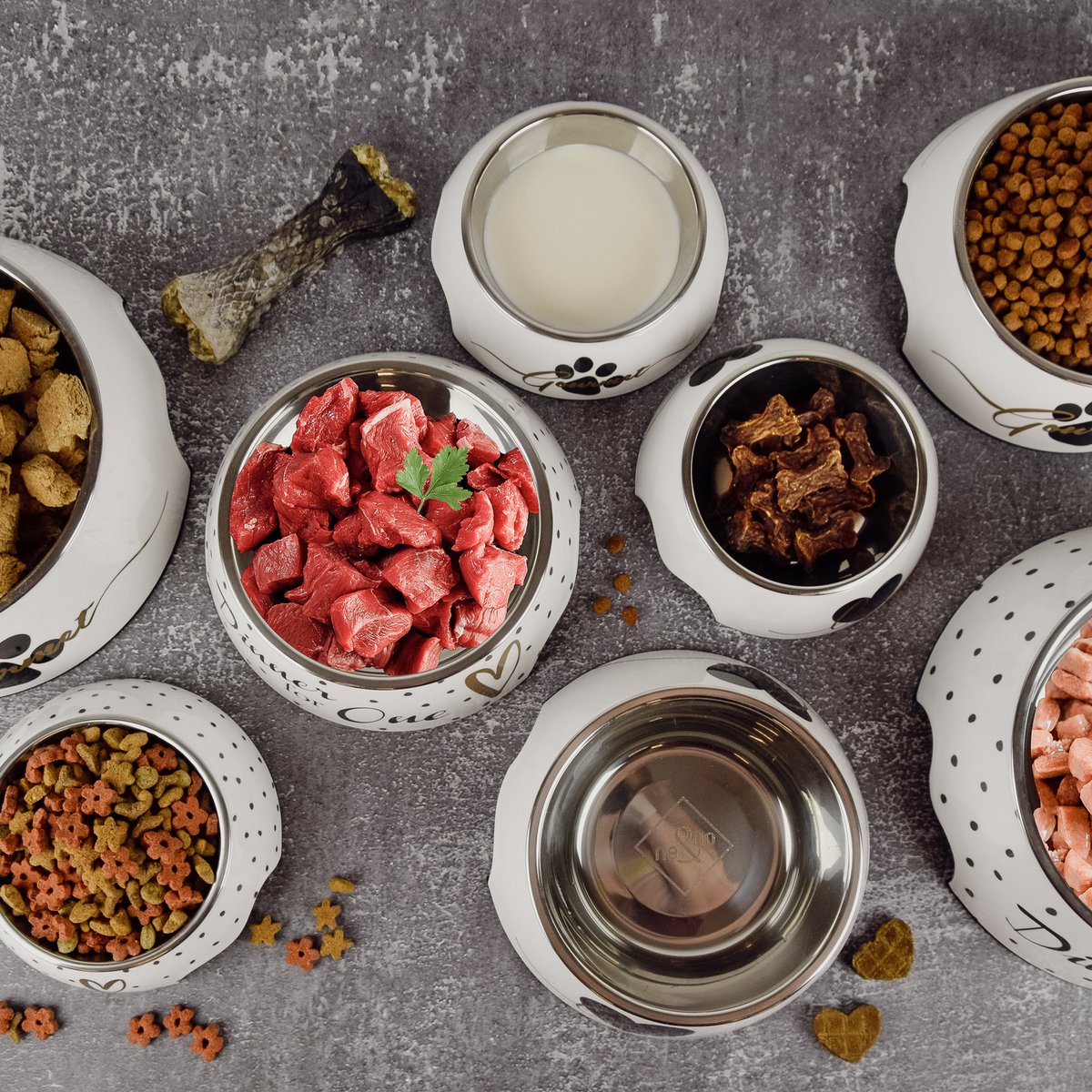 Honden voerbak 2 stuks roestvrij staal melamine wit goud