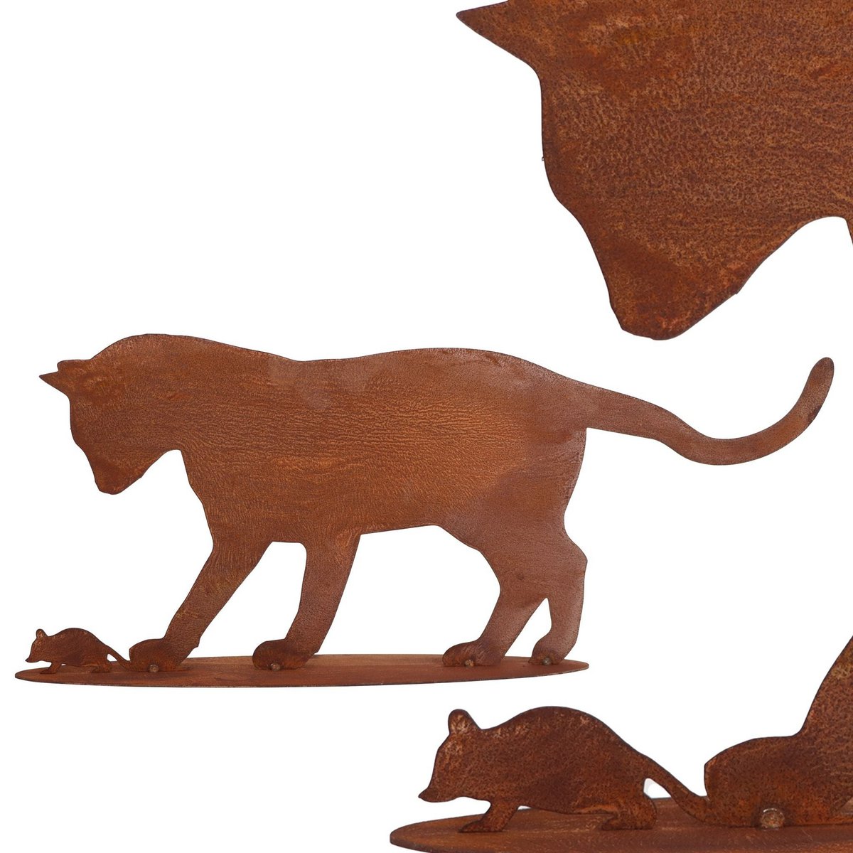 Metalen kat met muis decoratie 57x23 cm roestpatina