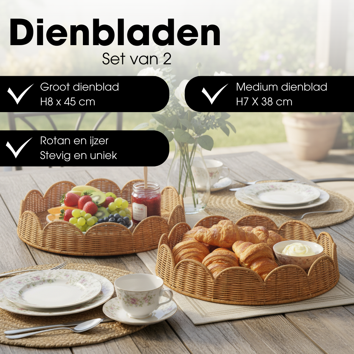 Dienblad rotan rond 2 stuks 38/45 cm lichtbruin
