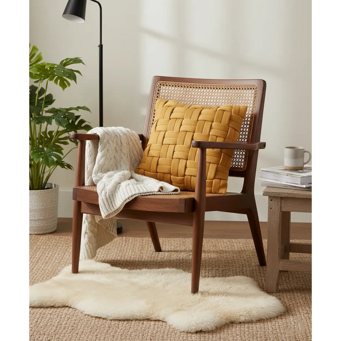 Kussenhoes 45x45 cm gebreid katoen mosterdgeel