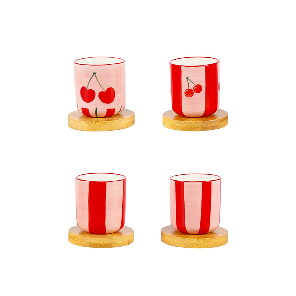 Kersen koffiekopjes met houten schoteltjes - set van 4