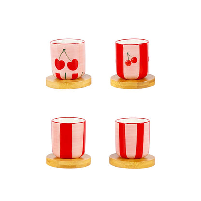 Kersen koffiekopjes met houten schoteltjes - set van 4