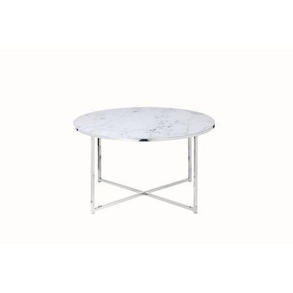Salontafel Ø 80x45 cm glas wit marmerlook metaal zilver